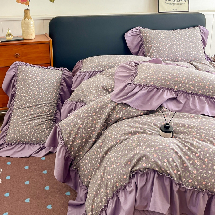 91家纺网 家纺一手货源 找家纺 梦可莱家居 2026春夏新品法式复古大花边清新复古卡通系列床盖四件套 紫苏