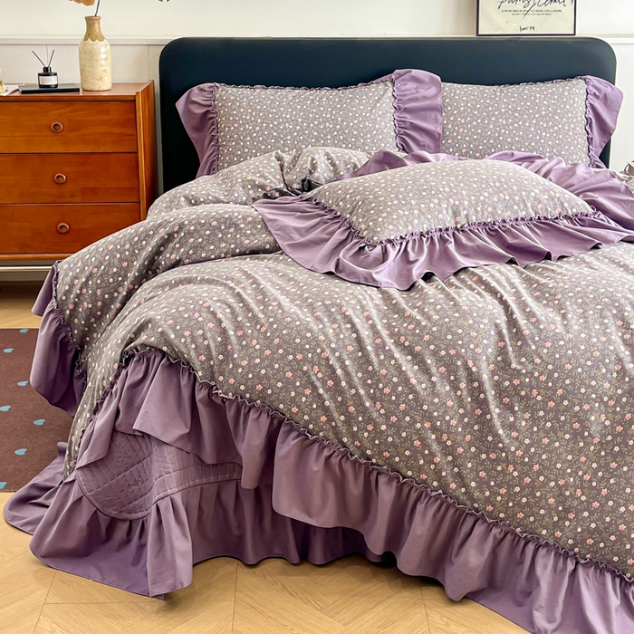 91家纺网 家纺一手货源 找家纺 梦可莱家居 2026春夏新品法式复古大花边清新复古卡通系列床盖四件套 紫苏