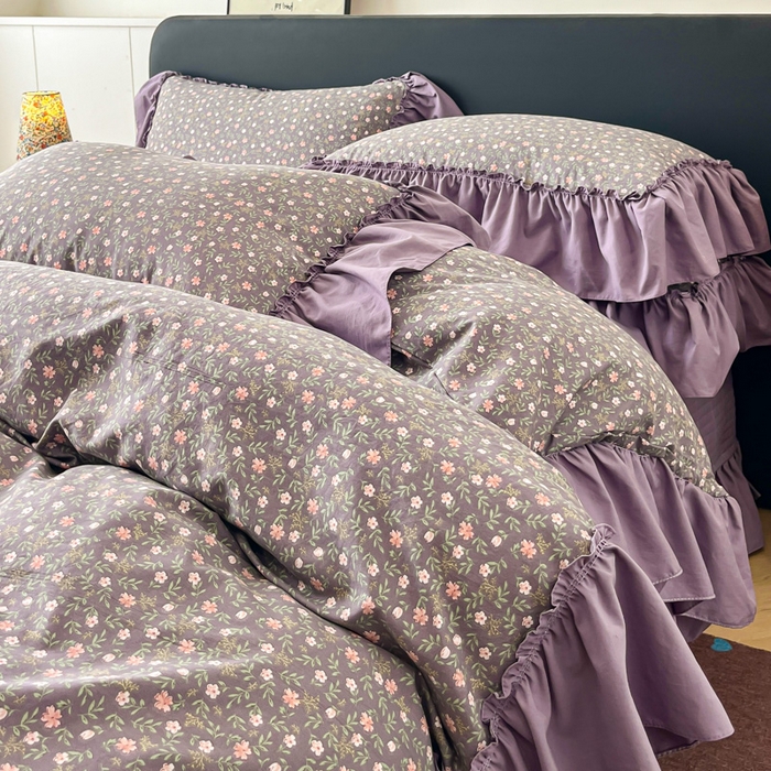 91家纺网 家纺一手货源 找家纺 梦可莱家居 2026春夏新品法式复古大花边清新复古卡通系列床盖四件套 紫苏