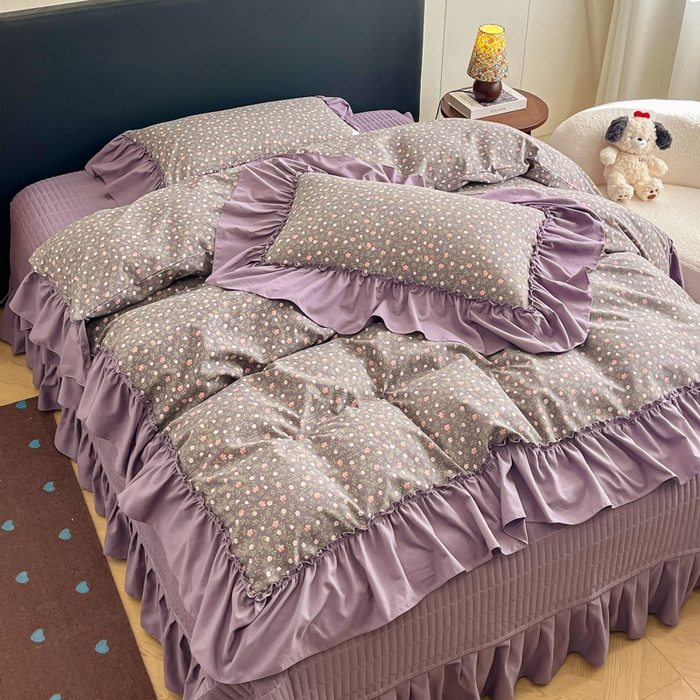 91家纺网 家纺一手货源 找家纺 梦可莱家居 2026春夏新品法式复古大花边清新复古卡通系列床盖四件套 紫苏
