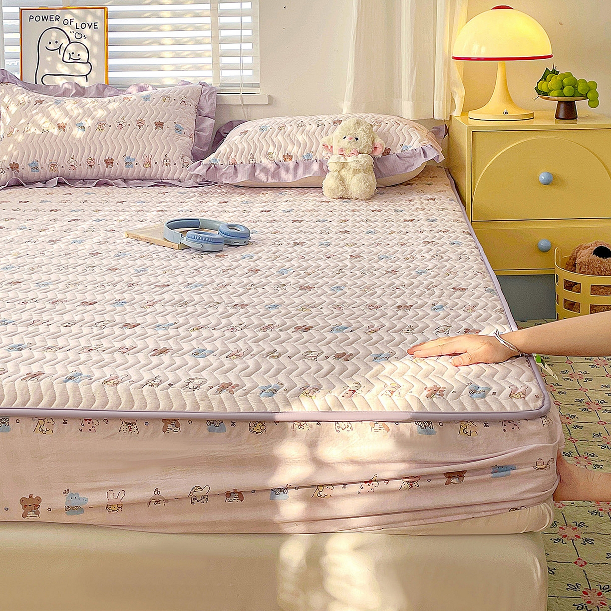 纽缦家纺 2026春夏新款云朵提花双层纱夹棉绗缝单床笠 床笠单件 动物游园