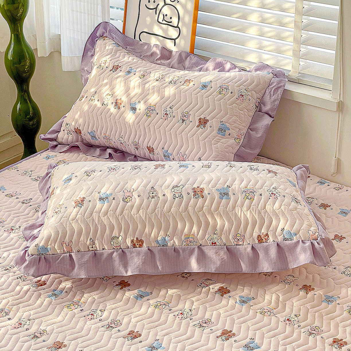 91家纺网 家纺一手货源 找家纺 纽缦家纺 2026春夏新款云朵提花双层纱夹棉绗缝单床笠 床笠单件 动物游园