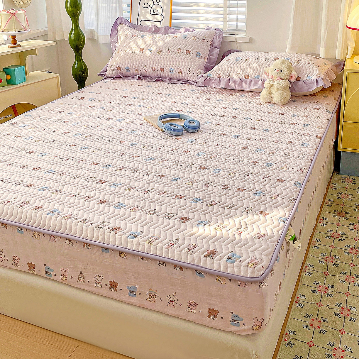 91家纺网 家纺一手货源 找家纺 纽缦家纺 2026春夏新款云朵提花双层纱夹棉绗缝单床笠 床笠单件 动物游园