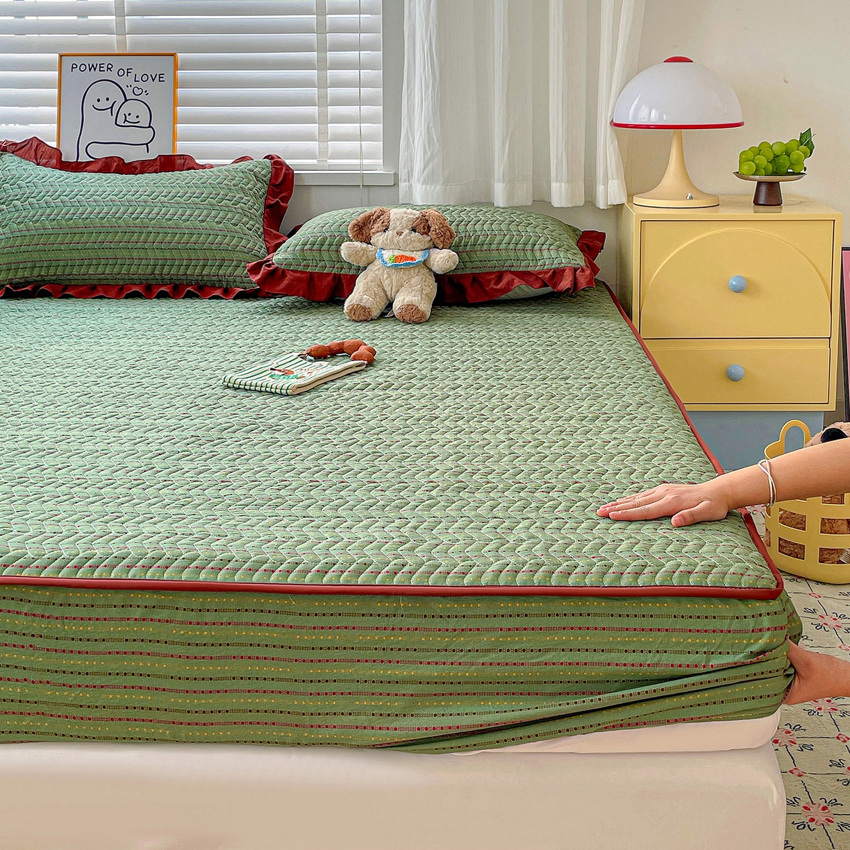 纽缦家纺 2026春夏新款云朵提花双层纱夹棉绗缝单床笠 床笠单件 六子棋绿