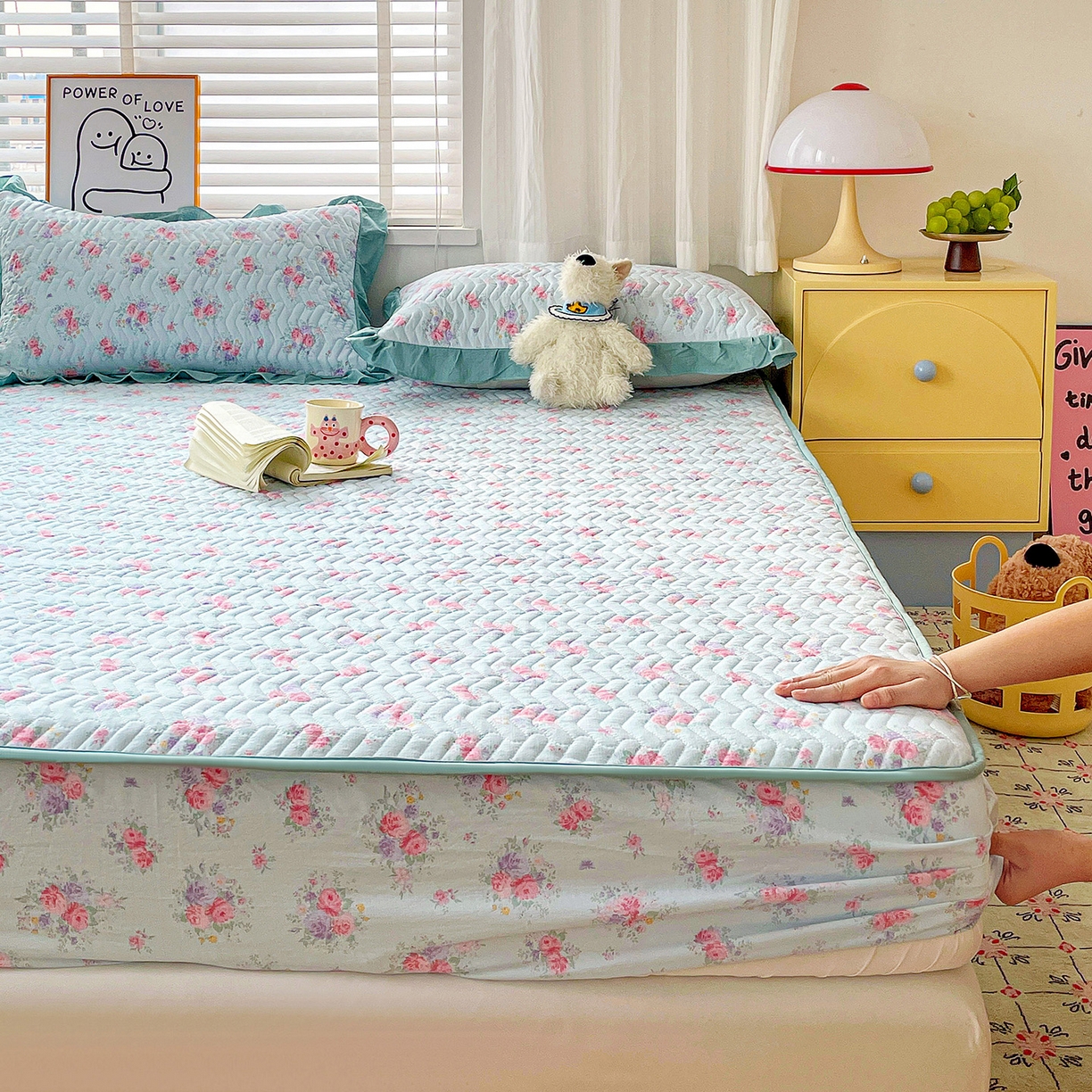 纽缦家纺 2026春夏新款云朵提花双层纱夹棉绗缝单床笠 床笠单件 清风与雾蓝