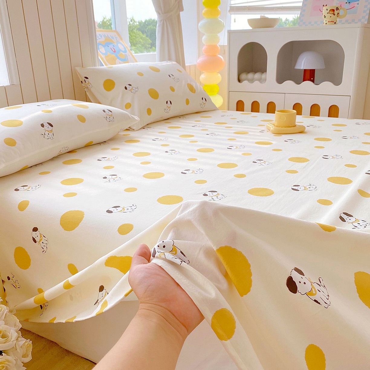 91家纺网 家纺一手货源 找家纺 悦织湾家纺 2026新款斜纹加厚水洗棉超细斜（加厚）木棉床单 床单-波点小狗