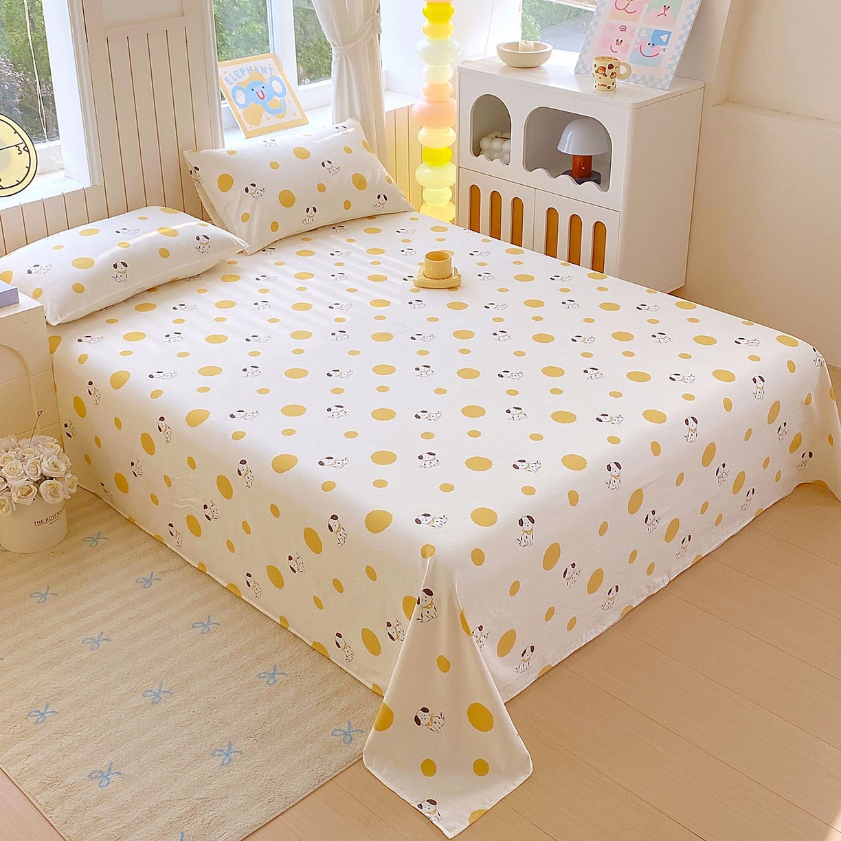 91家纺网 家纺一手货源 找家纺 悦织湾家纺 2026新款斜纹加厚水洗棉超细斜（加厚）木棉床单 床单-波点小狗