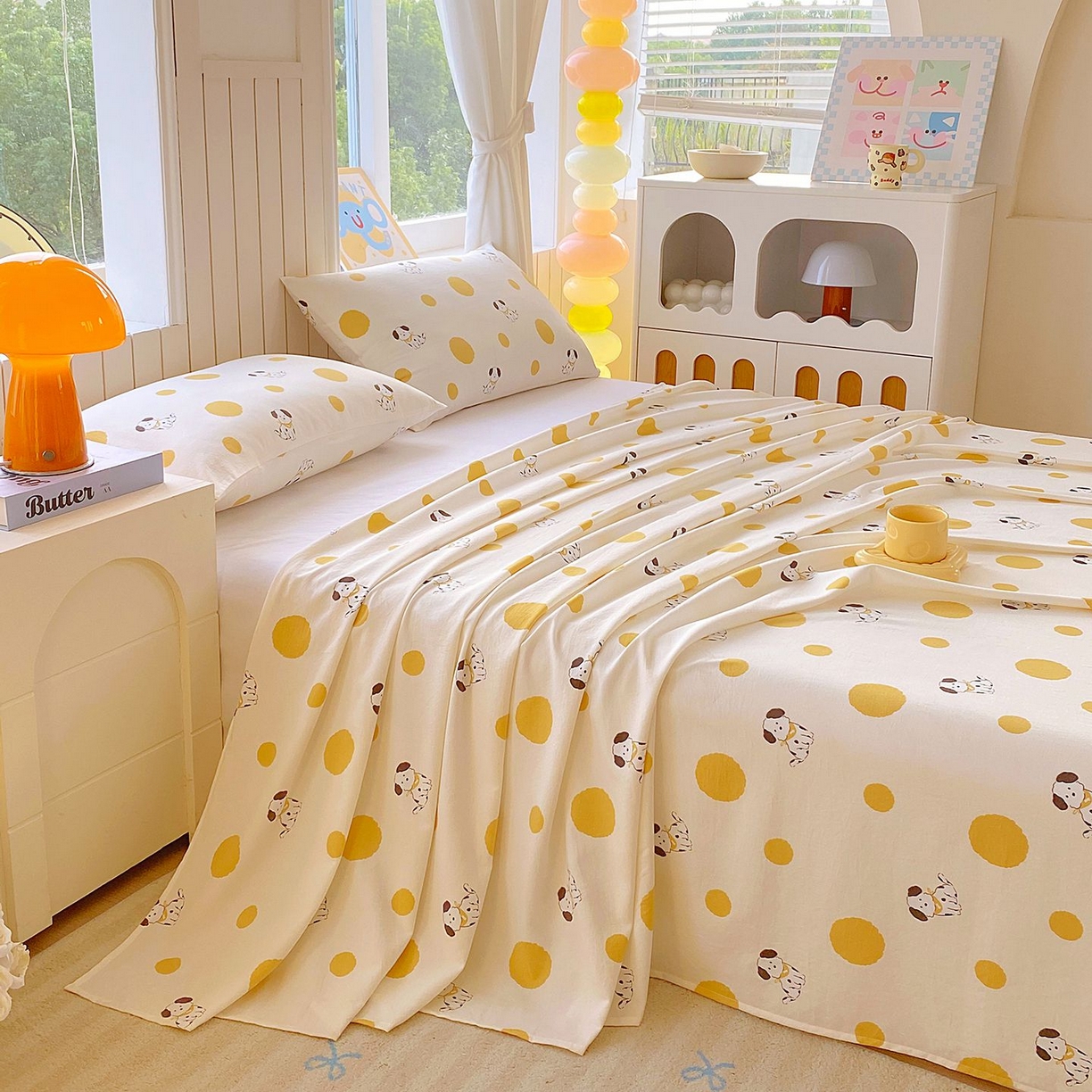 91家纺网 家纺一手货源 找家纺 悦织湾家纺 2026新款斜纹加厚水洗棉超细斜（加厚）木棉床单 床单-波点小狗