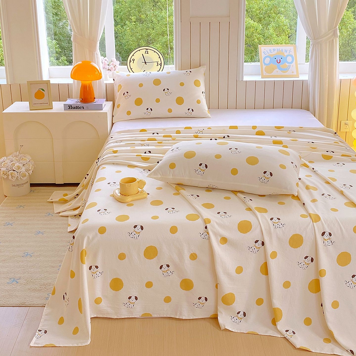 91家纺网 家纺一手货源 找家纺 悦织湾家纺 2026新款斜纹加厚水洗棉超细斜（加厚）木棉床单 床单-波点小狗