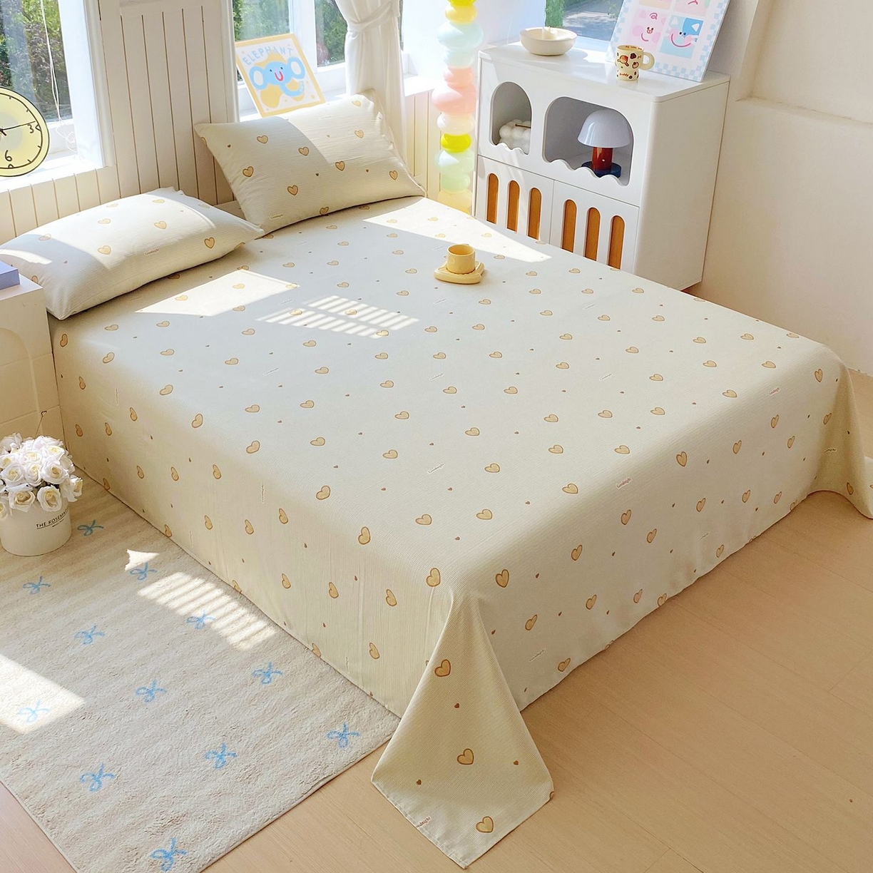 91家纺网 家纺一手货源 找家纺 悦织湾家纺 2026新款斜纹加厚水洗棉超细斜（加厚）木棉床单 床单-爱心浅咖