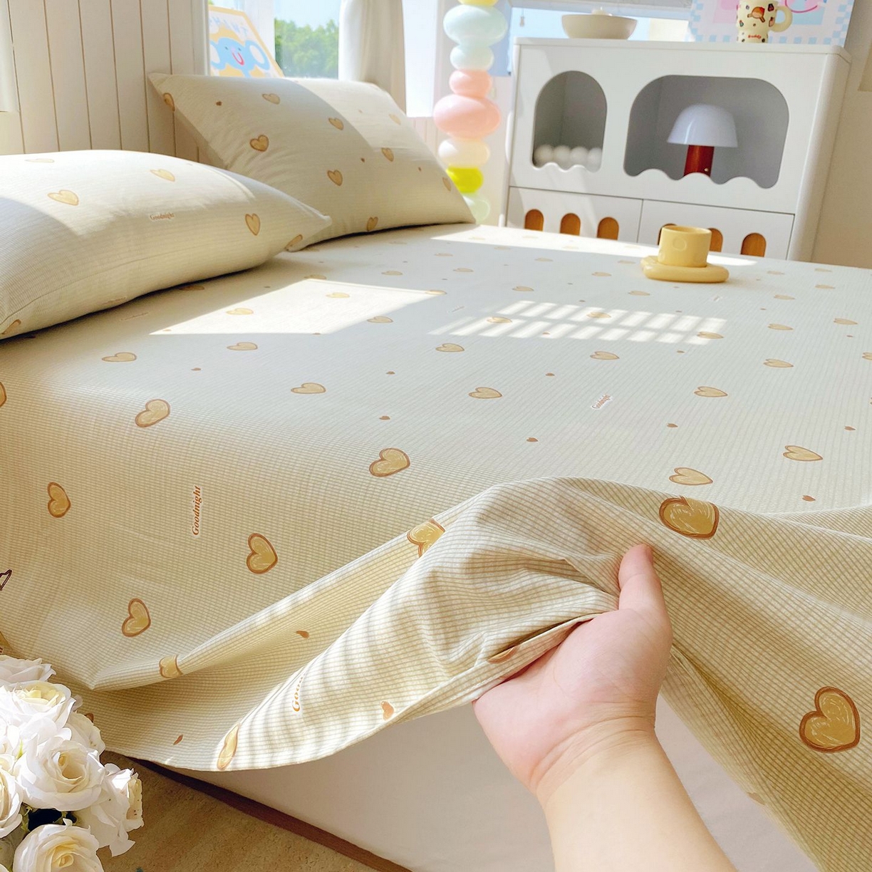 91家纺网 家纺一手货源 找家纺 悦织湾家纺 2026新款斜纹加厚水洗棉超细斜（加厚）木棉床单 床单-爱心浅咖