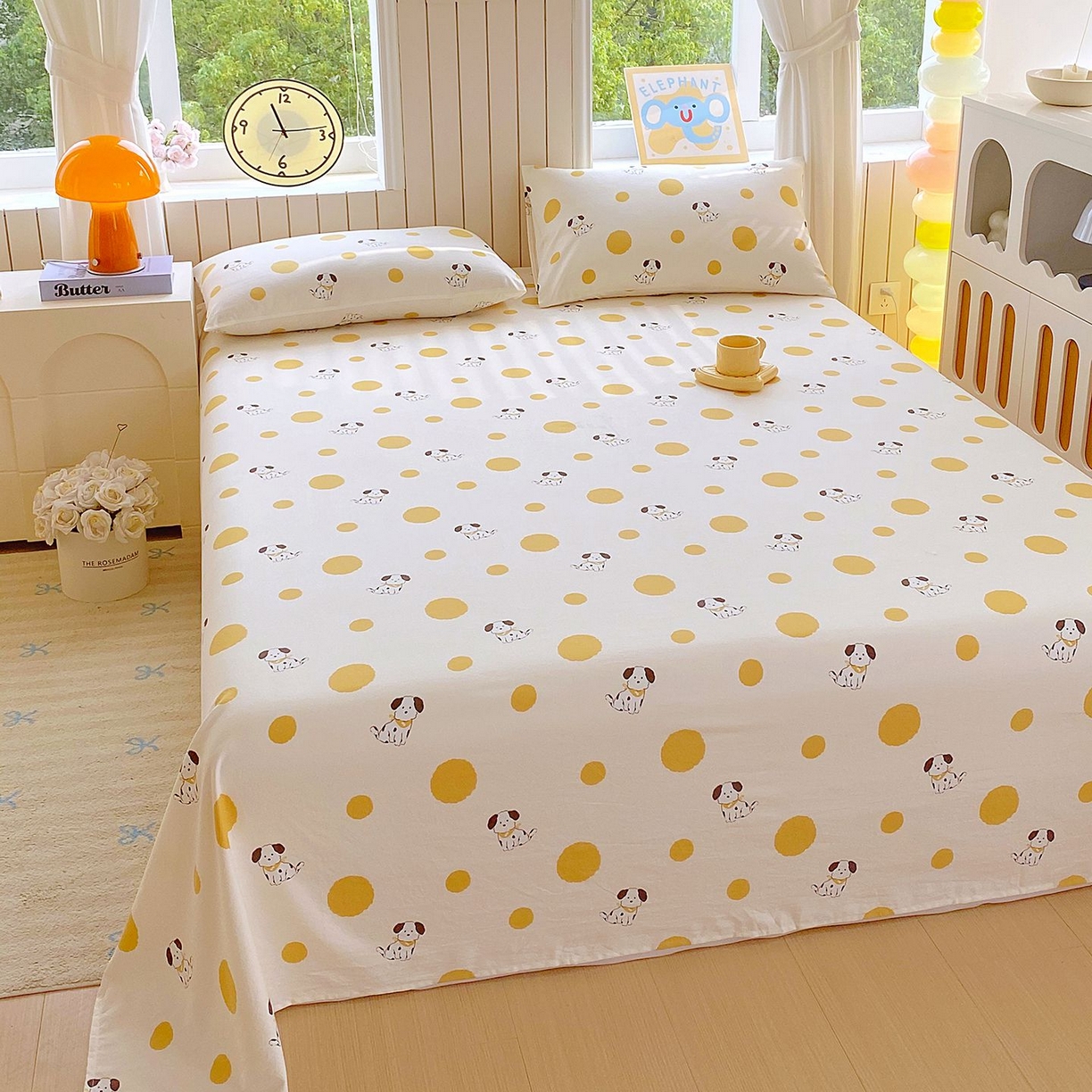 91家纺网 家纺一手货源 找家纺 悦织湾家纺 2026新款斜纹加厚水洗棉超细斜（加厚）木棉床单 床单-波点小狗