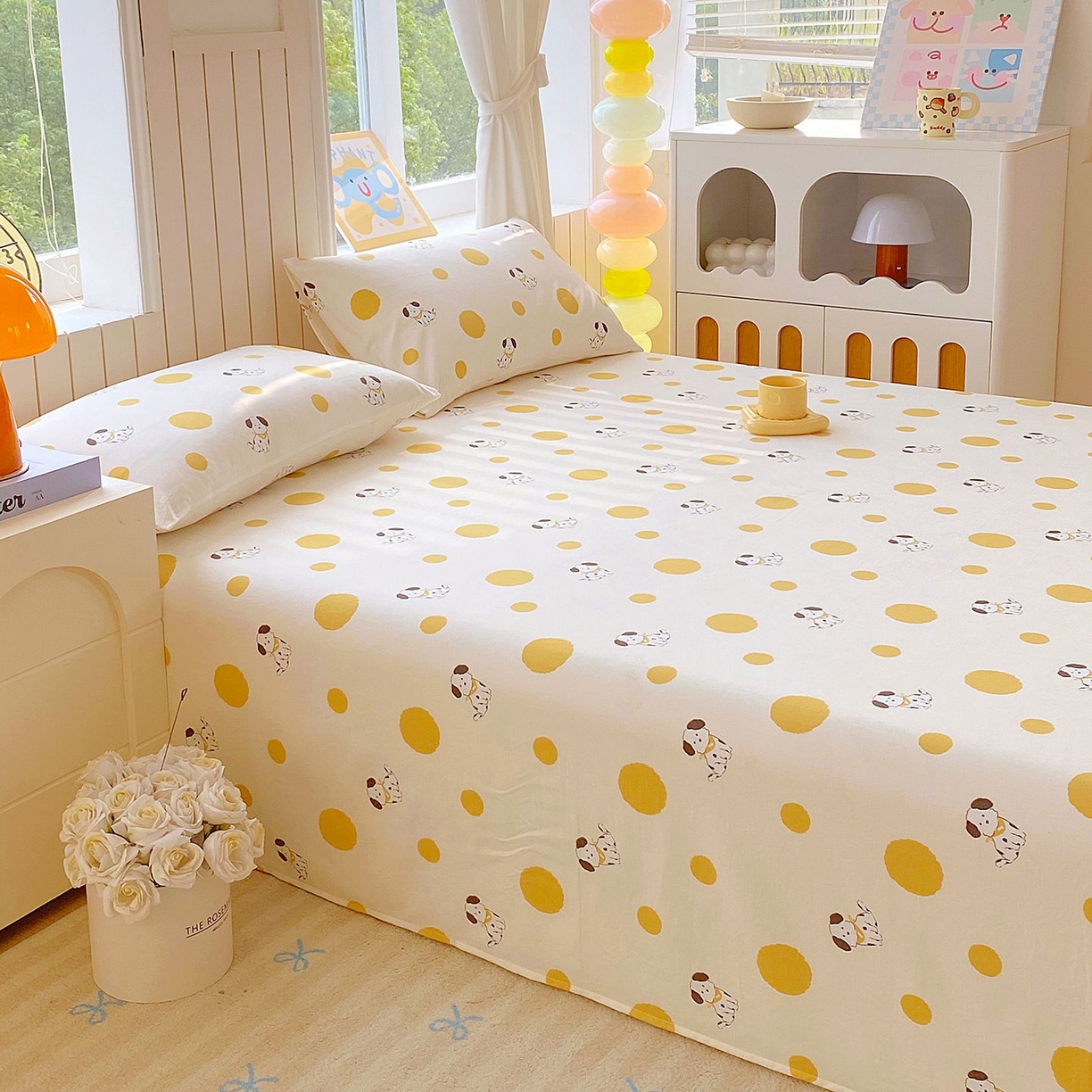 91家纺网 家纺一手货源 找家纺 悦织湾家纺 2026新款斜纹加厚水洗棉超细斜（加厚）木棉床单 床单-波点小狗