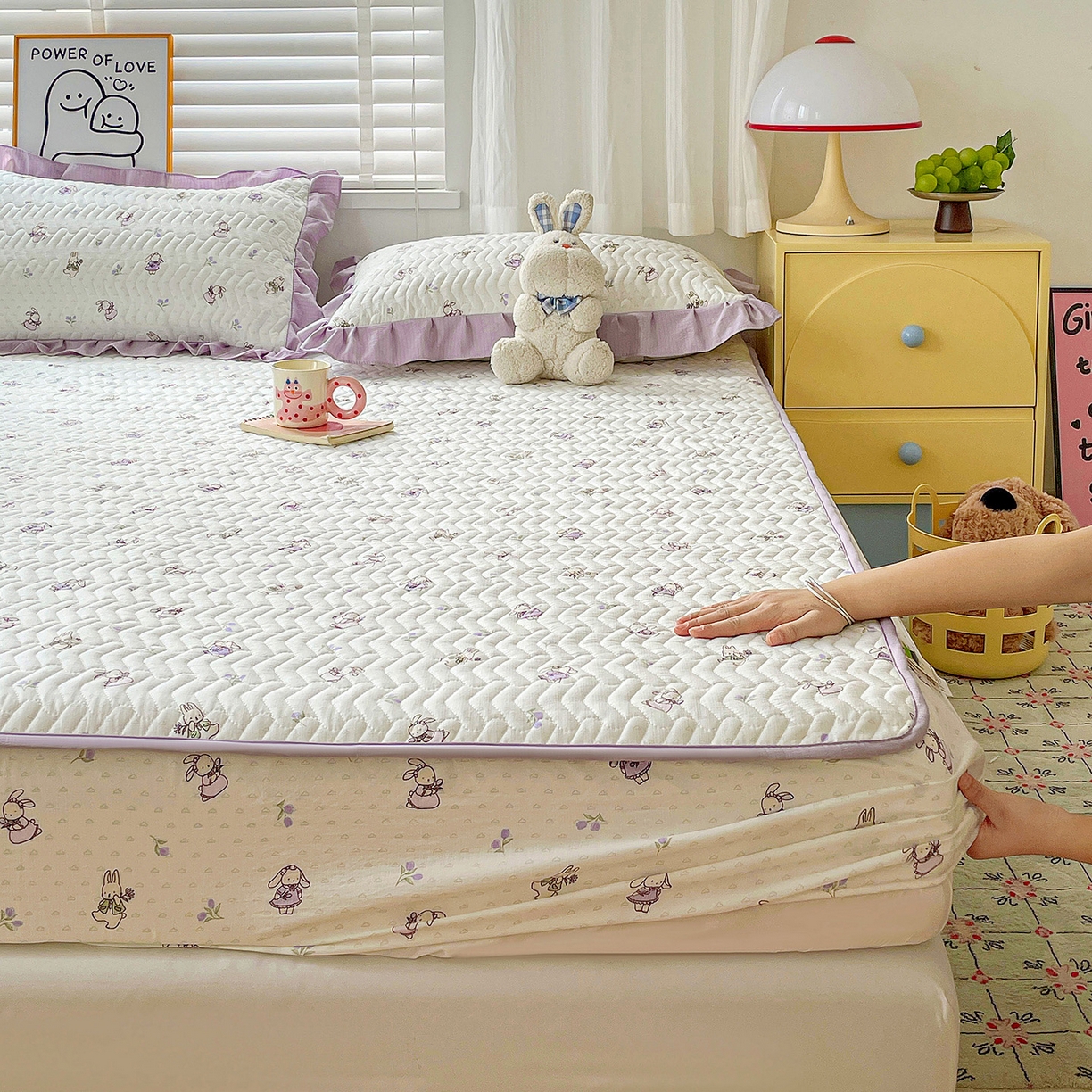 纽缦家纺 2026春夏新款云朵提花双层纱夹棉绗缝单床笠 床笠单件 裙子小兔