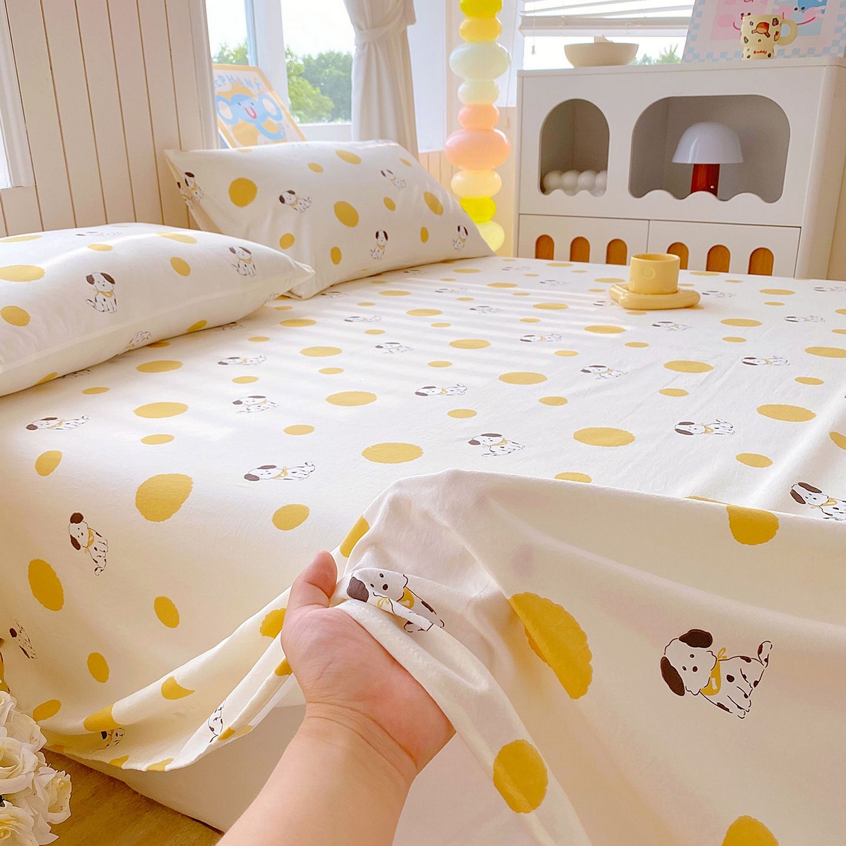 91家纺网 家纺一手货源 找家纺 悦织湾家纺 2026新款斜纹加厚水洗棉超细斜（加厚）木棉床单 床单-波点小狗