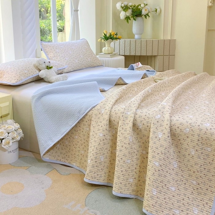 91家纺网 家纺一手货源 找家纺 （总）金丝兔 2025新款小清新斜纹纯棉床盖 全棉夹棉床盖 床盖三件套 榻榻米抗盖绗缝加厚床单