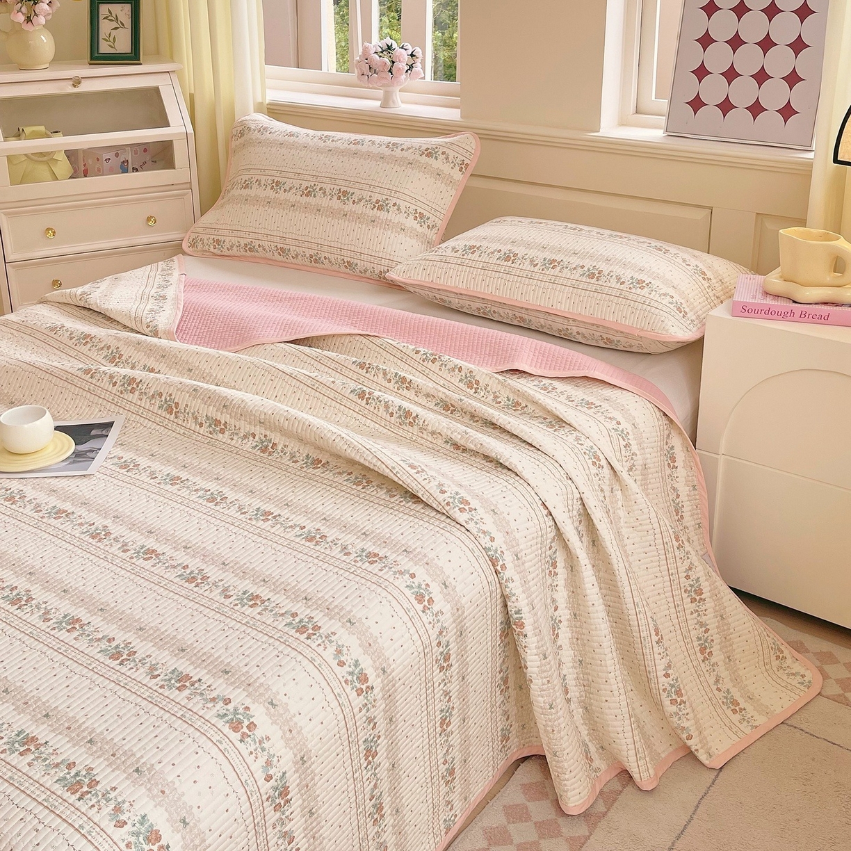 91家纺网 家纺一手货源 找家纺 （总）金丝兔 2025新款小清新斜纹纯棉床盖 全棉夹棉床盖 床盖三件套 榻榻米抗盖绗缝加厚床单