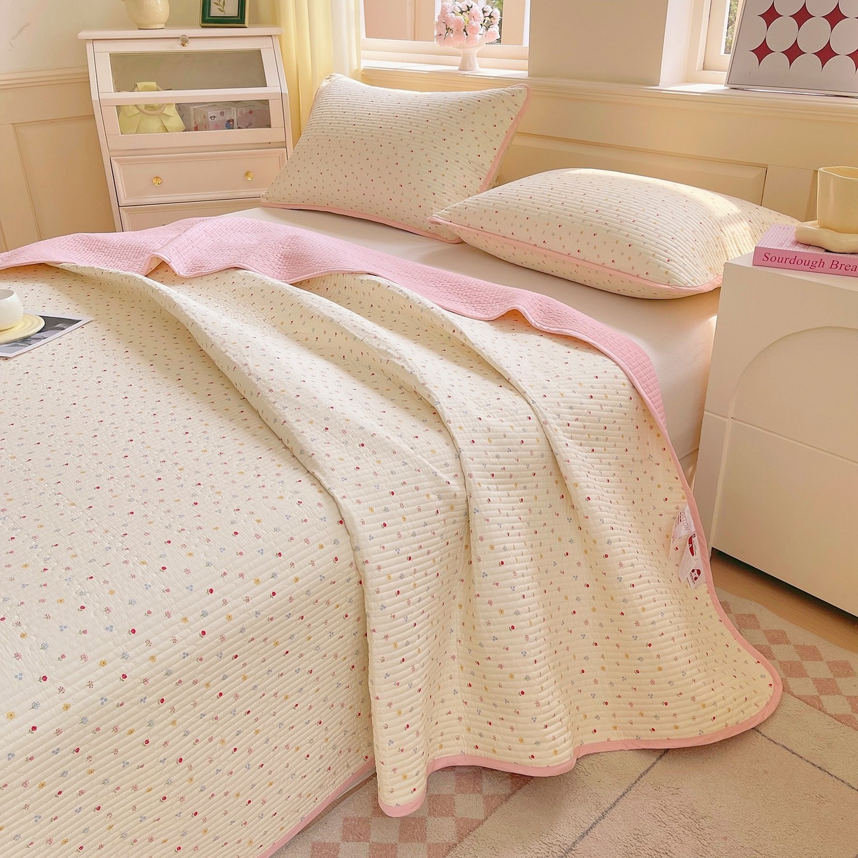 91家纺网 家纺一手货源 找家纺 （总）金丝兔 2025新款小清新斜纹纯棉床盖 全棉夹棉床盖 床盖三件套 榻榻米抗盖绗缝加厚床单