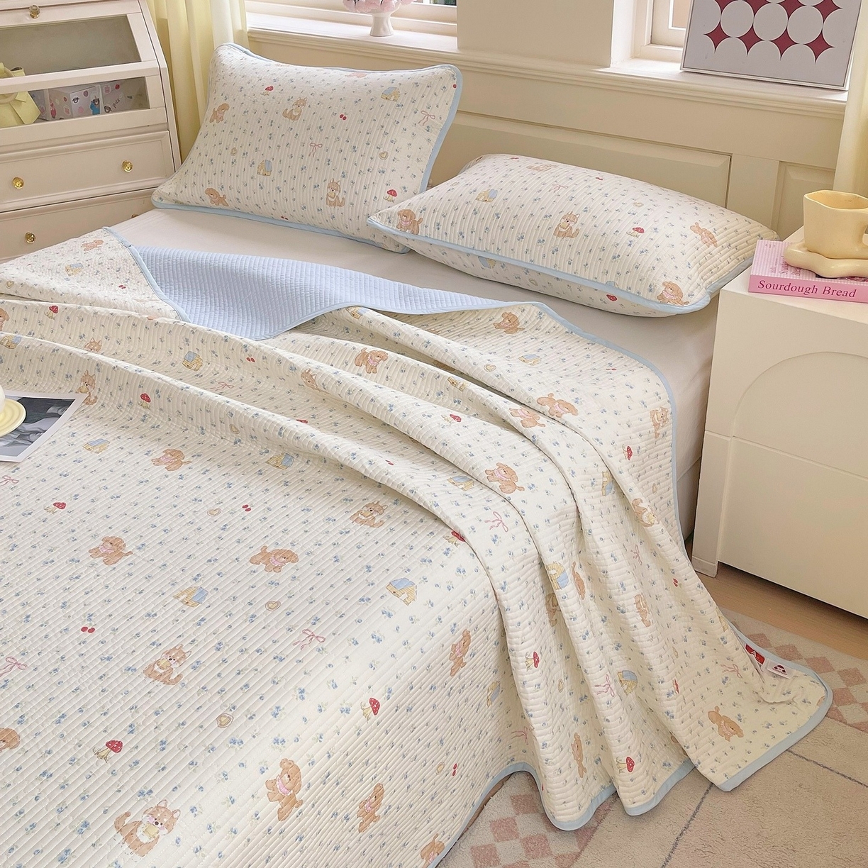 91家纺网 家纺一手货源 找家纺 （总）金丝兔 2025新款小清新斜纹纯棉床盖 全棉夹棉床盖 床盖三件套 榻榻米抗盖绗缝加厚床单