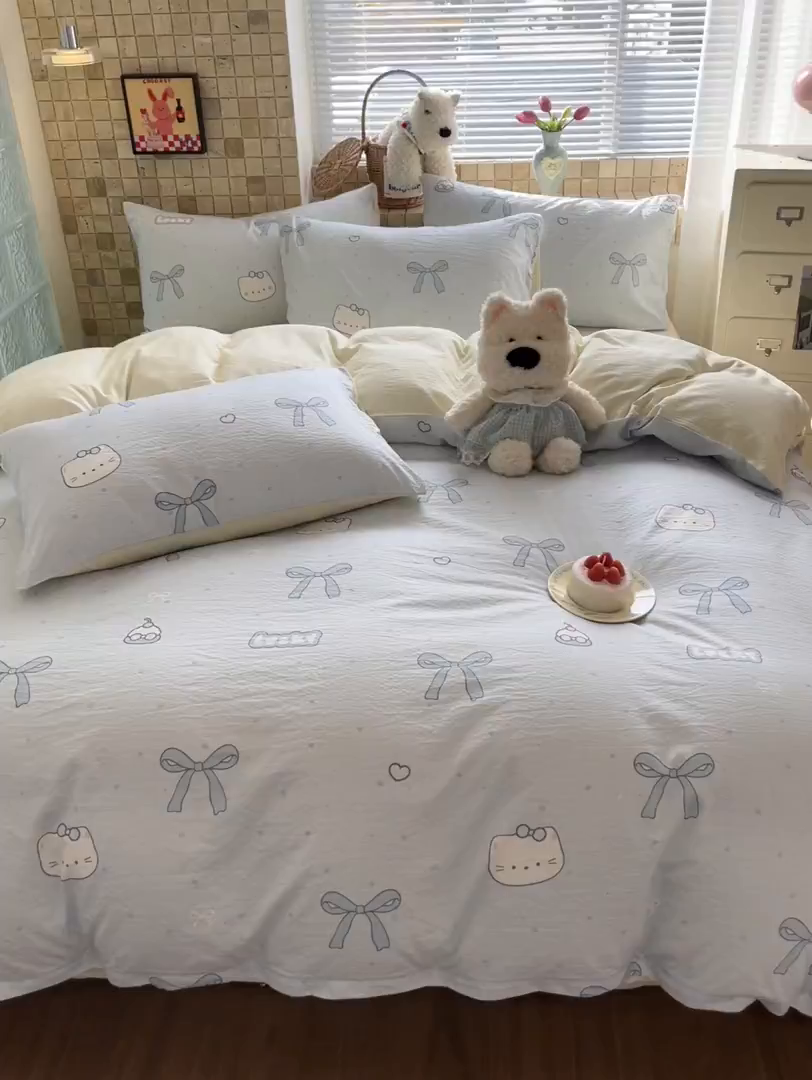 91家纺网 家纺一手货源 找家纺 川悦生活 2026新款云感双层纱木棉四件套 海盐小咪