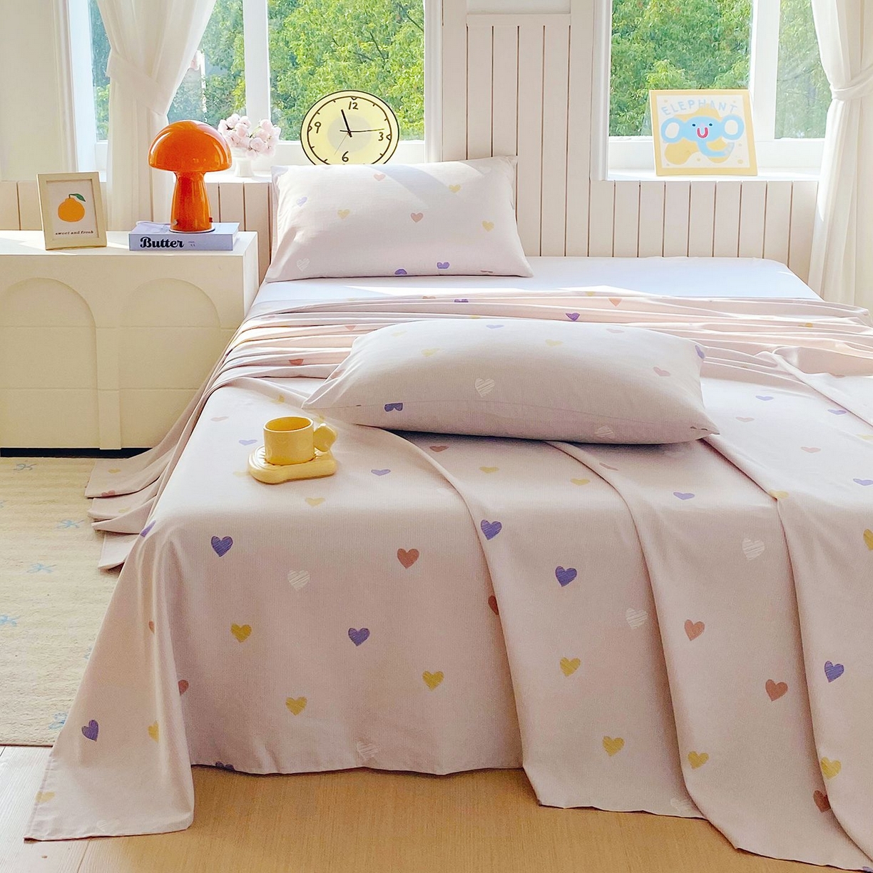 91家纺网 家纺一手货源 找家纺 悦织湾家纺 2026新款斜纹加厚水洗棉超细斜（加厚）木棉床单 床单-浪漫爱心