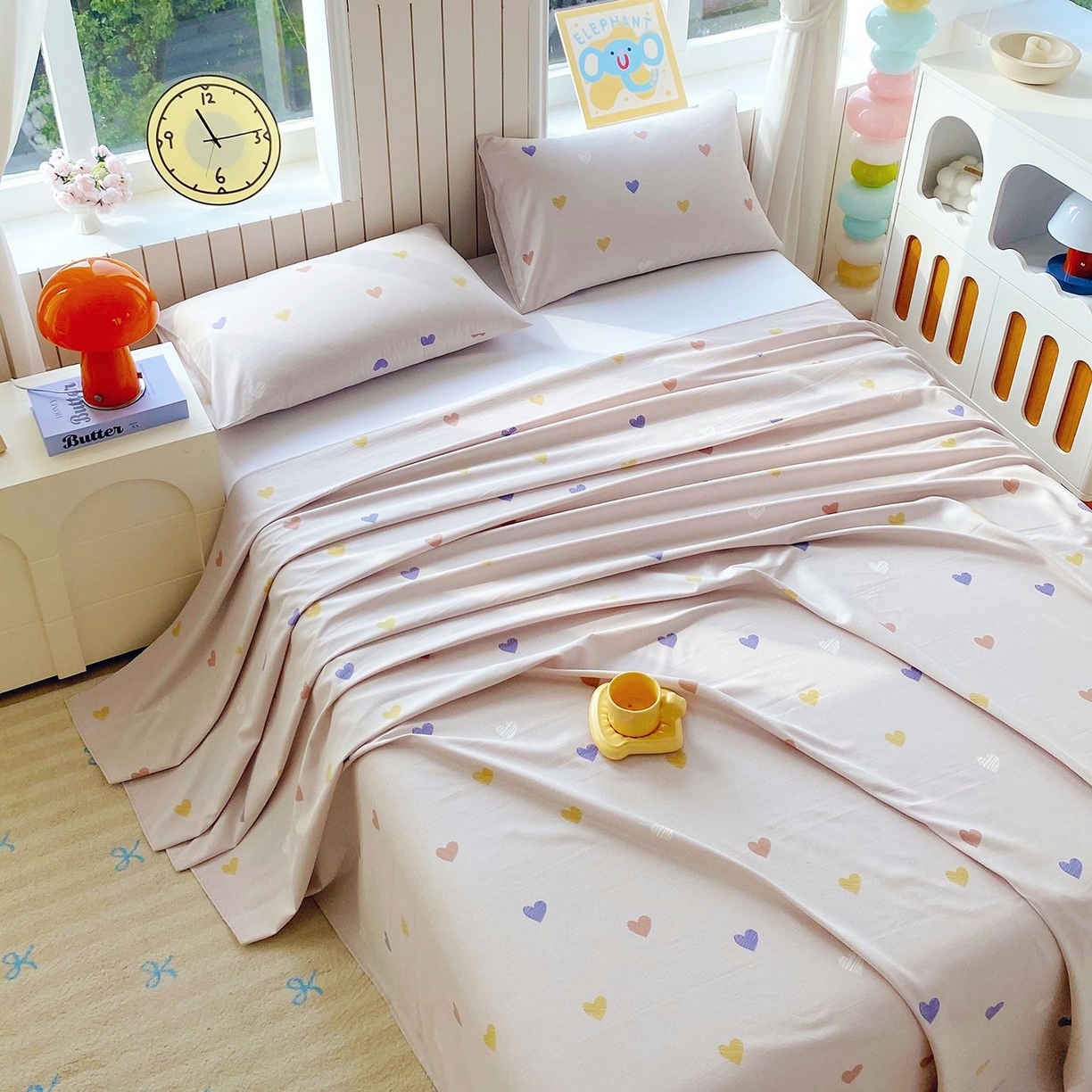 91家纺网 家纺一手货源 找家纺 悦织湾家纺 2026新款斜纹加厚水洗棉超细斜（加厚）木棉床单 床单-浪漫爱心