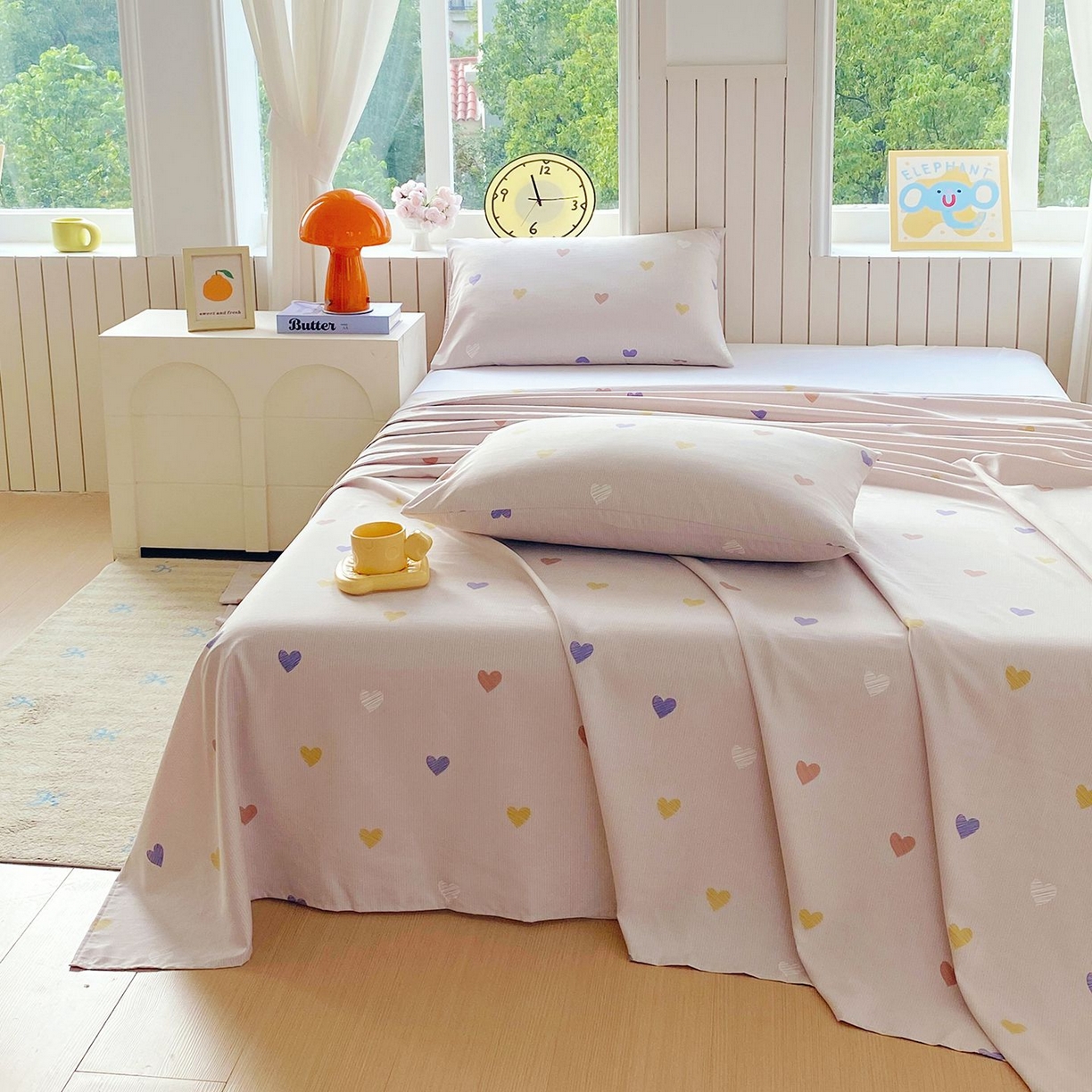 91家纺网 家纺一手货源 找家纺 悦织湾家纺 2026新款斜纹加厚水洗棉超细斜（加厚）木棉床单 床单-浪漫爱心