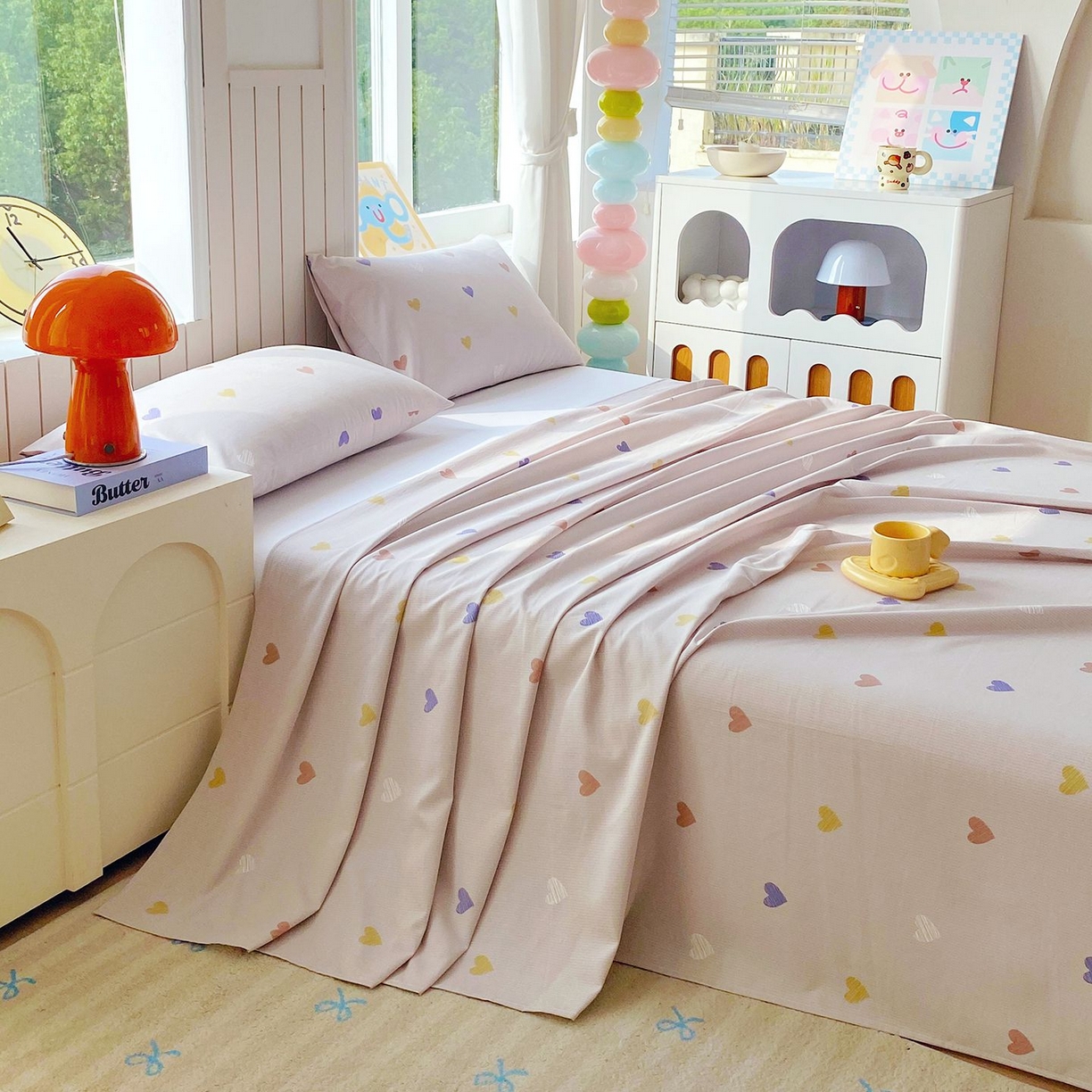 91家纺网 家纺一手货源 找家纺 悦织湾家纺 2026新款斜纹加厚水洗棉超细斜（加厚）木棉床单 床单-浪漫爱心