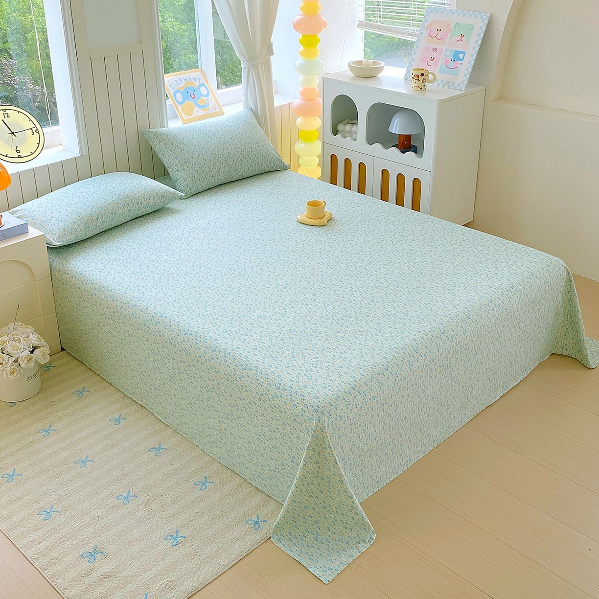 91家纺网 家纺一手货源 找家纺 悦织湾家纺 2026新款斜纹加厚水洗棉超细斜（加厚）木棉床单 床单-雏菊浅绿