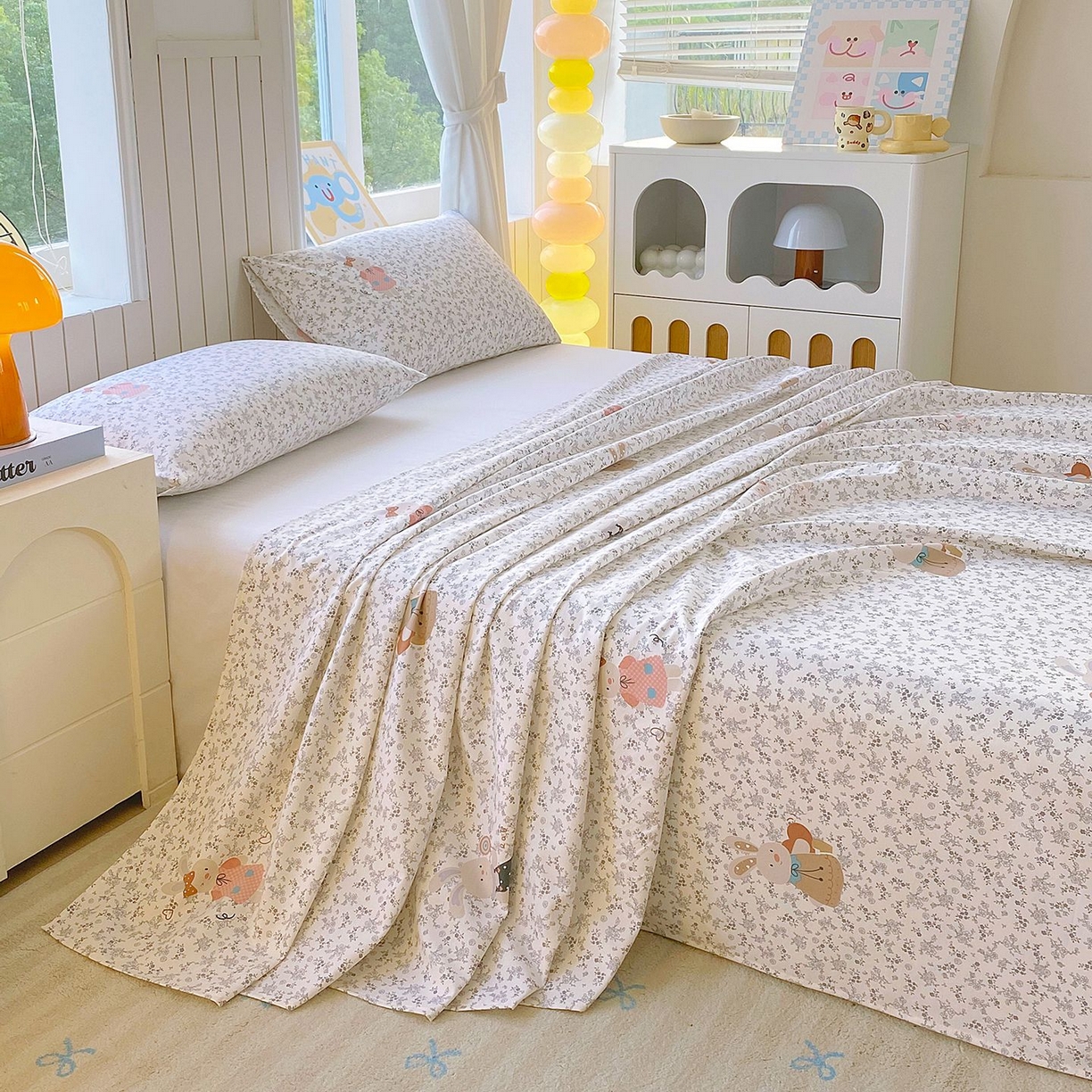 91家纺网 家纺一手货源 找家纺 悦织湾家纺 2026新款斜纹加厚水洗棉超细斜（加厚）木棉床单 床单-花园小兔