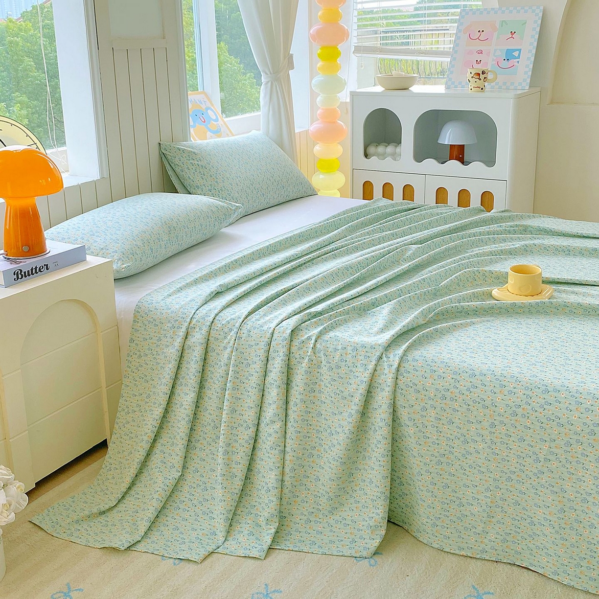 91家纺网 家纺一手货源 找家纺 悦织湾家纺 2026新款斜纹加厚水洗棉超细斜（加厚）木棉床单 床单-雏菊浅绿