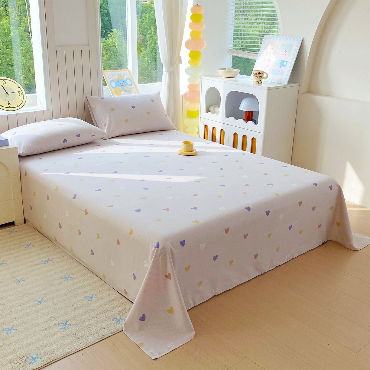 91家纺网 家纺一手货源 找家纺 悦织湾家纺 2026新款斜纹加厚水洗棉超细斜（加厚）木棉床单 床单-浪漫爱心