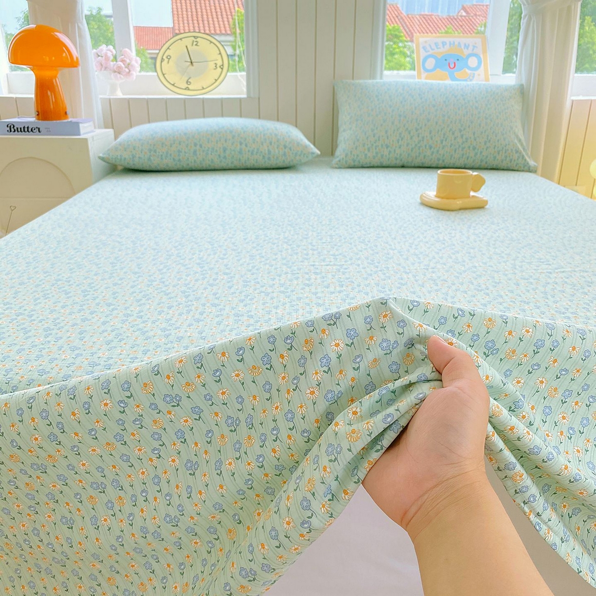 91家纺网 家纺一手货源 找家纺 悦织湾家纺 2026新款斜纹加厚水洗棉超细斜（加厚）木棉床单 床单-雏菊浅绿