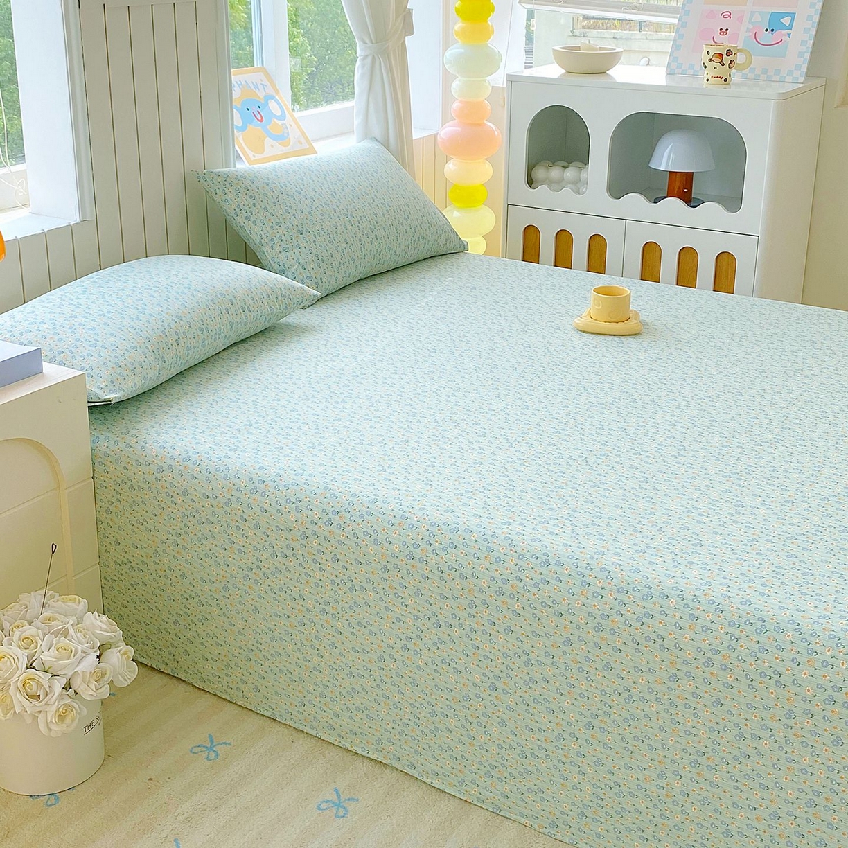 91家纺网 家纺一手货源 找家纺 悦织湾家纺 2026新款斜纹加厚水洗棉超细斜（加厚）木棉床单 床单-雏菊浅绿