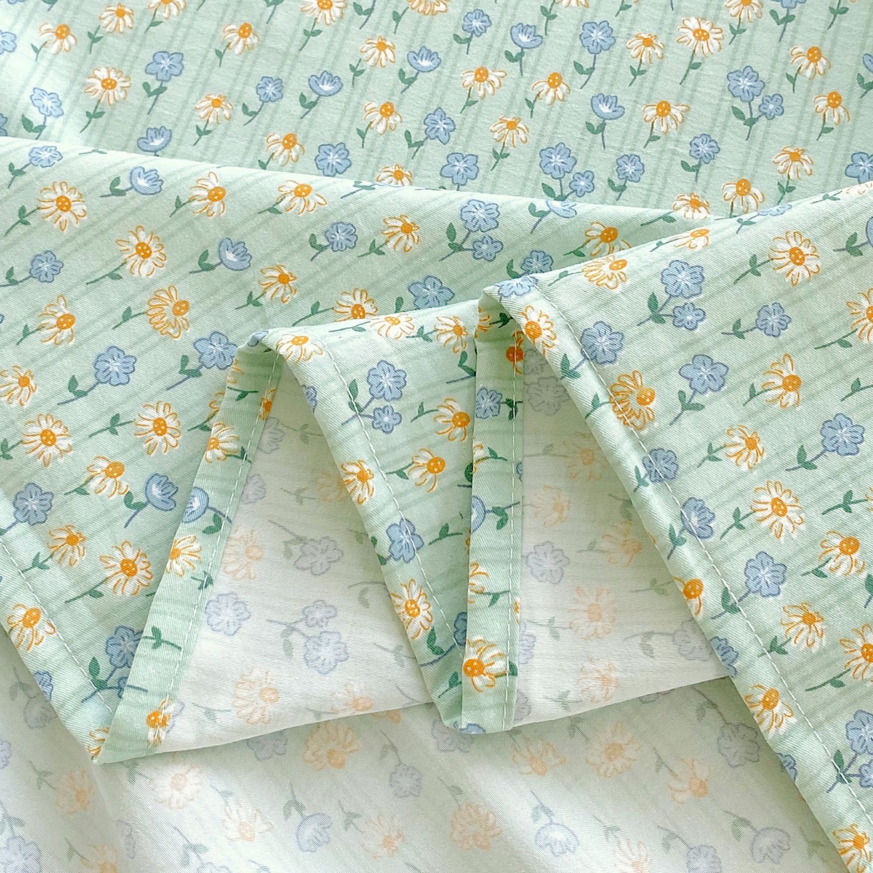 91家纺网 家纺一手货源 找家纺 悦织湾家纺 2026新款斜纹加厚水洗棉超细斜（加厚）木棉床单 床单-雏菊浅绿