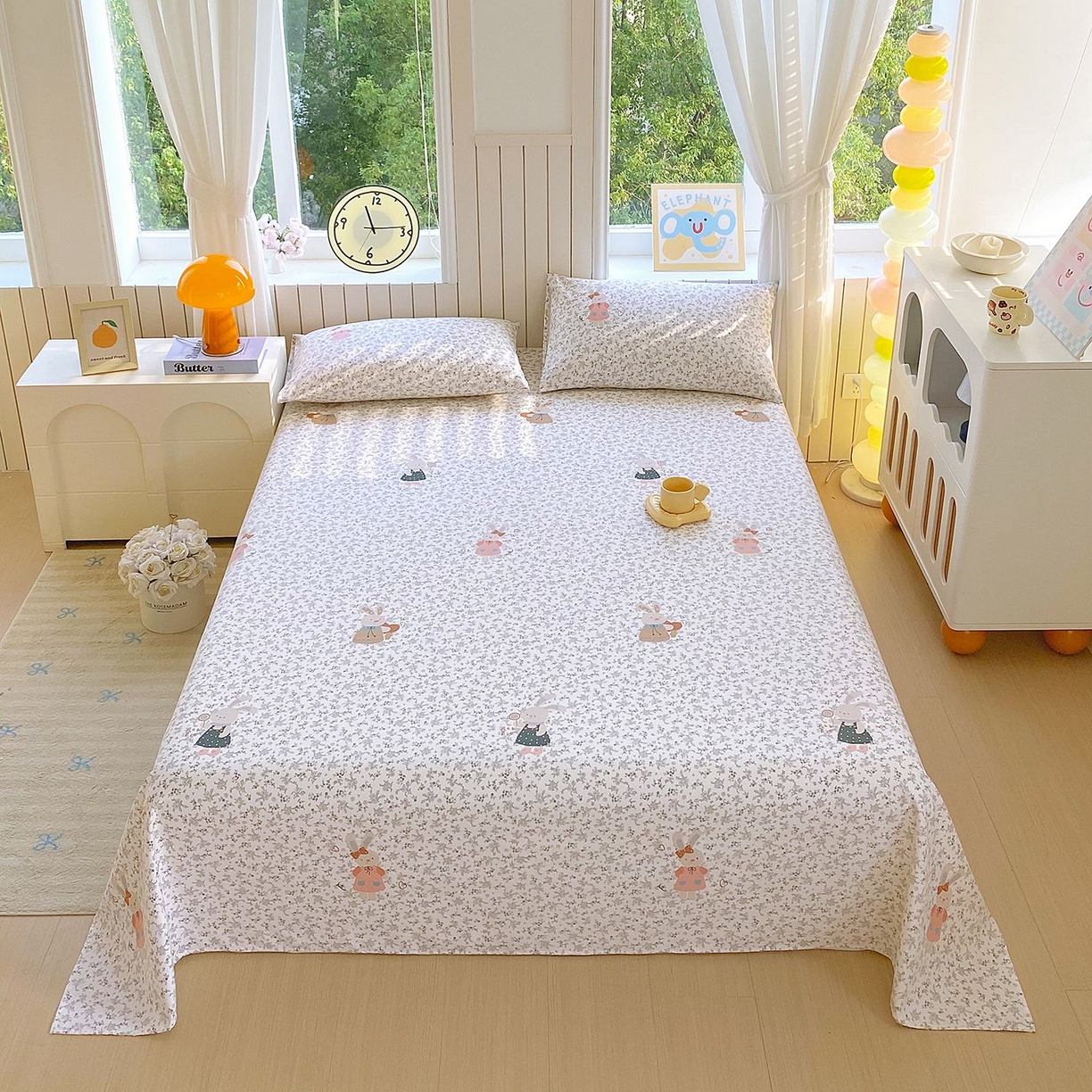 悦织湾家纺 2026新款斜纹加厚水洗棉超细斜（加厚）木棉床单 床单-花园小兔