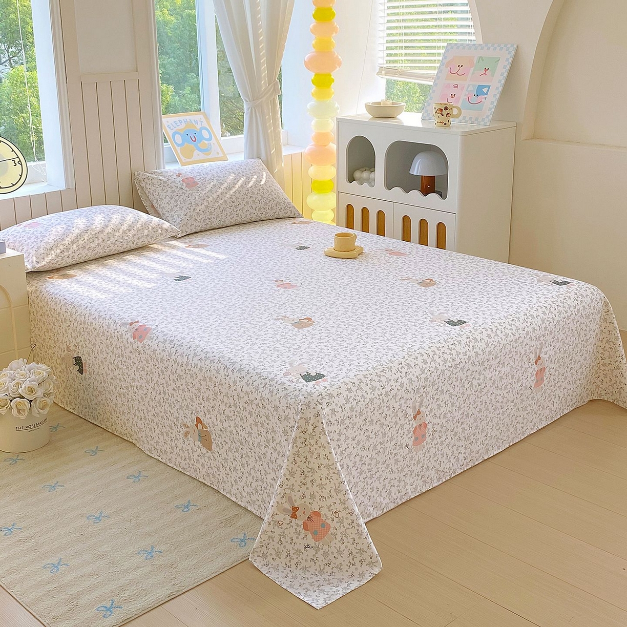 91家纺网 家纺一手货源 找家纺 悦织湾家纺 2026新款斜纹加厚水洗棉超细斜（加厚）木棉床单 床单-花园小兔