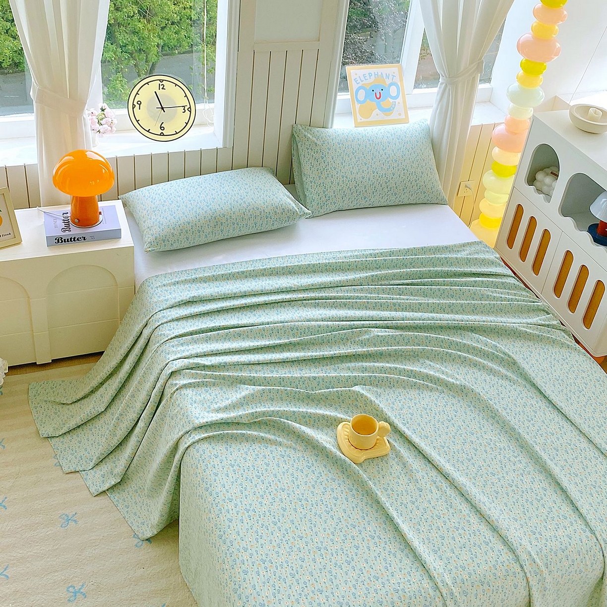 91家纺网 家纺一手货源 找家纺 悦织湾家纺 2026新款斜纹加厚水洗棉超细斜（加厚）木棉床单 床单-雏菊浅绿