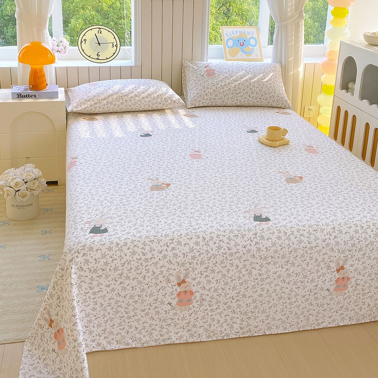 91家纺网 家纺一手货源 找家纺 悦织湾家纺 2026新款斜纹加厚水洗棉超细斜（加厚）木棉床单 床单-花园小兔