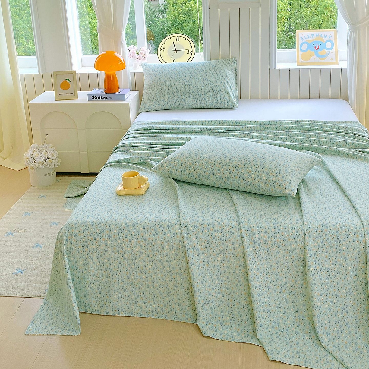 91家纺网 家纺一手货源 找家纺 悦织湾家纺 2026新款斜纹加厚水洗棉超细斜（加厚）木棉床单 床单-雏菊浅绿