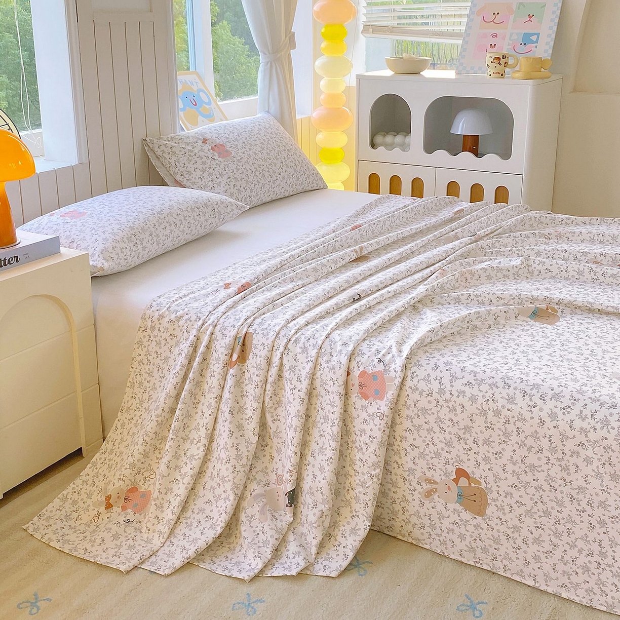 91家纺网 家纺一手货源 找家纺 悦织湾家纺 2026新款斜纹加厚水洗棉超细斜（加厚）木棉床单 床单-花园小兔