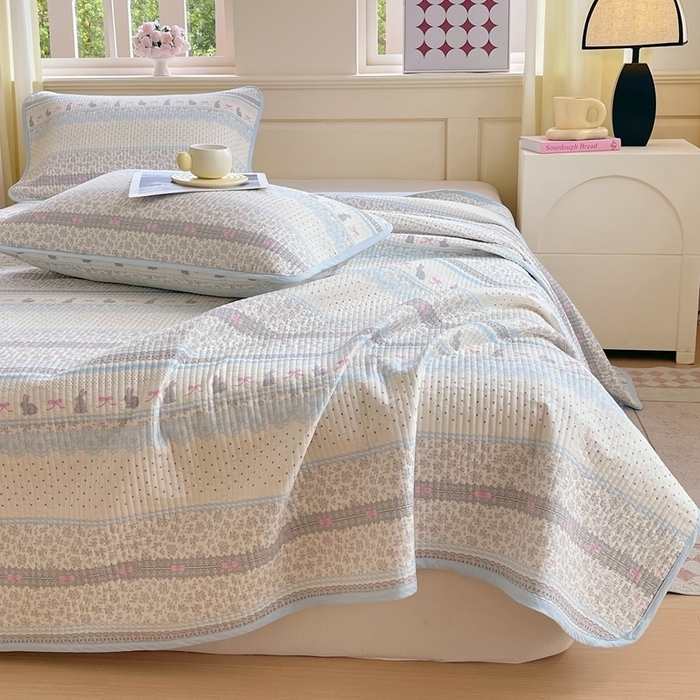 91家纺网 家纺一手货源 找家纺 （总）金丝兔 2025新款小清新斜纹纯棉床盖 全棉夹棉床盖 床盖三件套 榻榻米抗盖绗缝加厚床单