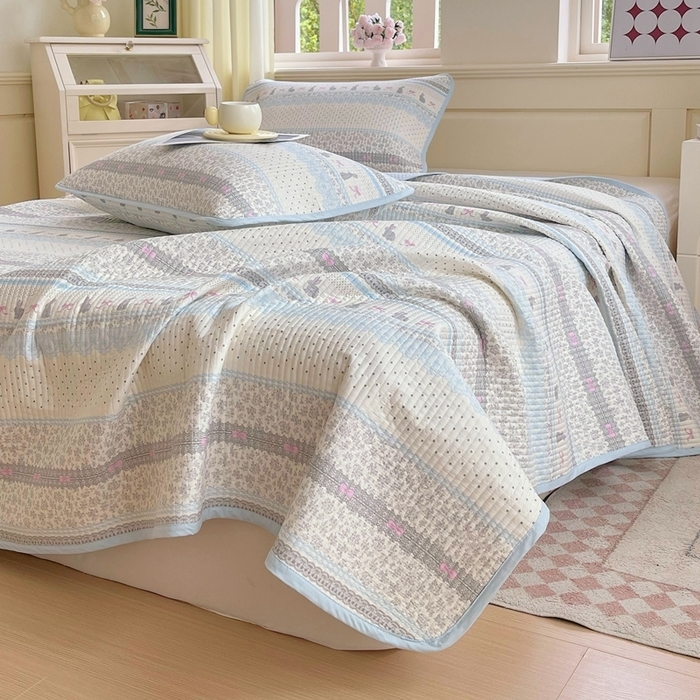 91家纺网 家纺一手货源 找家纺 （总）金丝兔 2025新款小清新斜纹纯棉床盖 全棉夹棉床盖 床盖三件套 榻榻米抗盖绗缝加厚床单