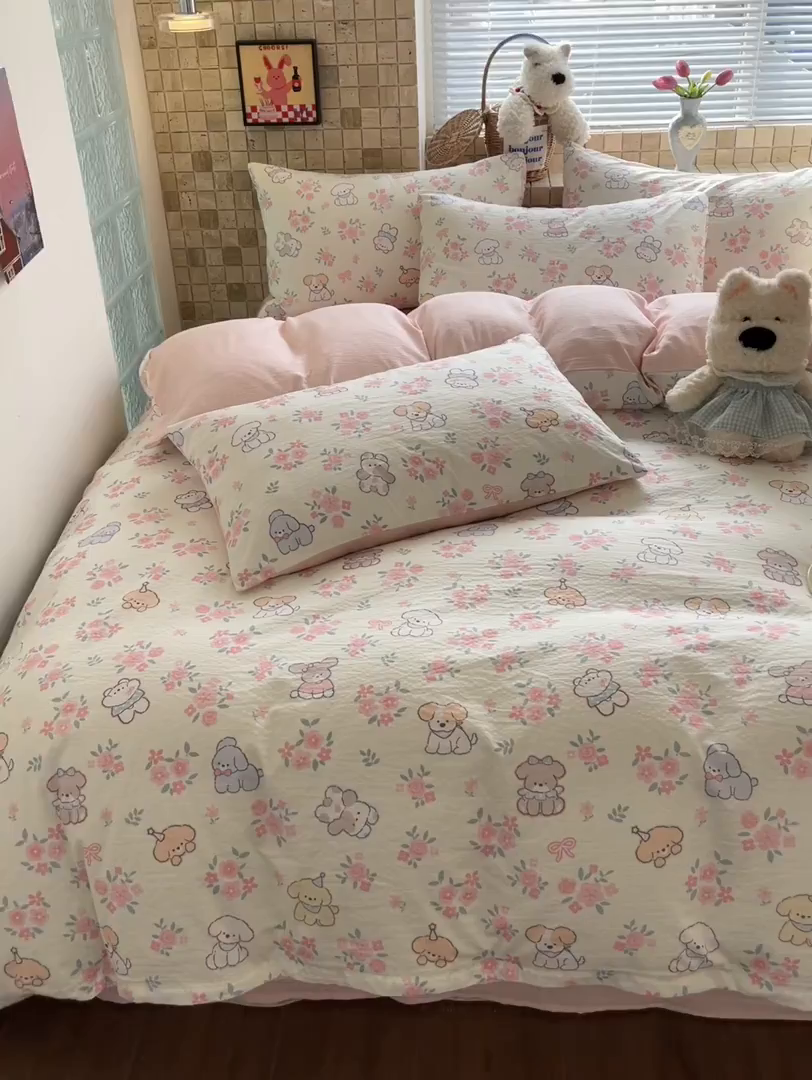 91家纺网 家纺一手货源 找家纺 川悦生活 2026新款云感双层纱木棉四件套 花都小狗