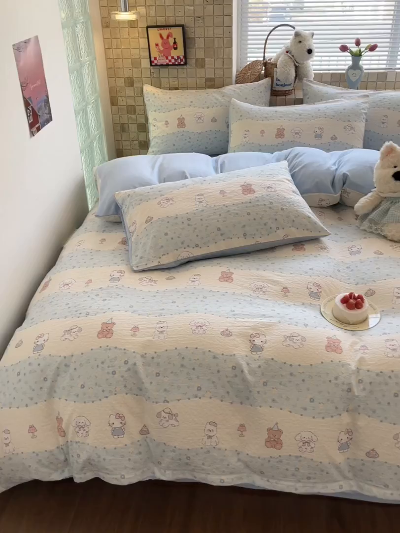 91家纺网 家纺一手货源 找家纺 川悦生活 2026新款云感双层纱木棉四件套 花田乐园