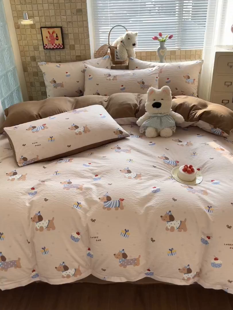 91家纺网 家纺一手货源 找家纺 川悦生活 2026新款云感双层纱木棉四件套 可乐腊肠