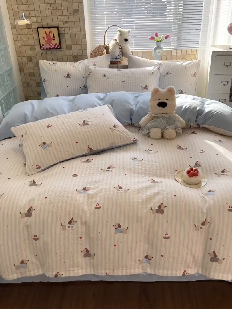 91家纺网 家纺一手货源 找家纺 川悦生活 2026新款云感双层纱木棉四件套 腊肠甜心