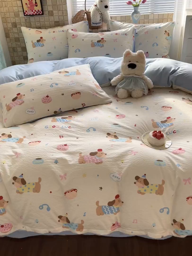 91家纺网 家纺一手货源 找家纺 川悦生活 2026新款云感双层纱木棉四件套 腊肠庄园