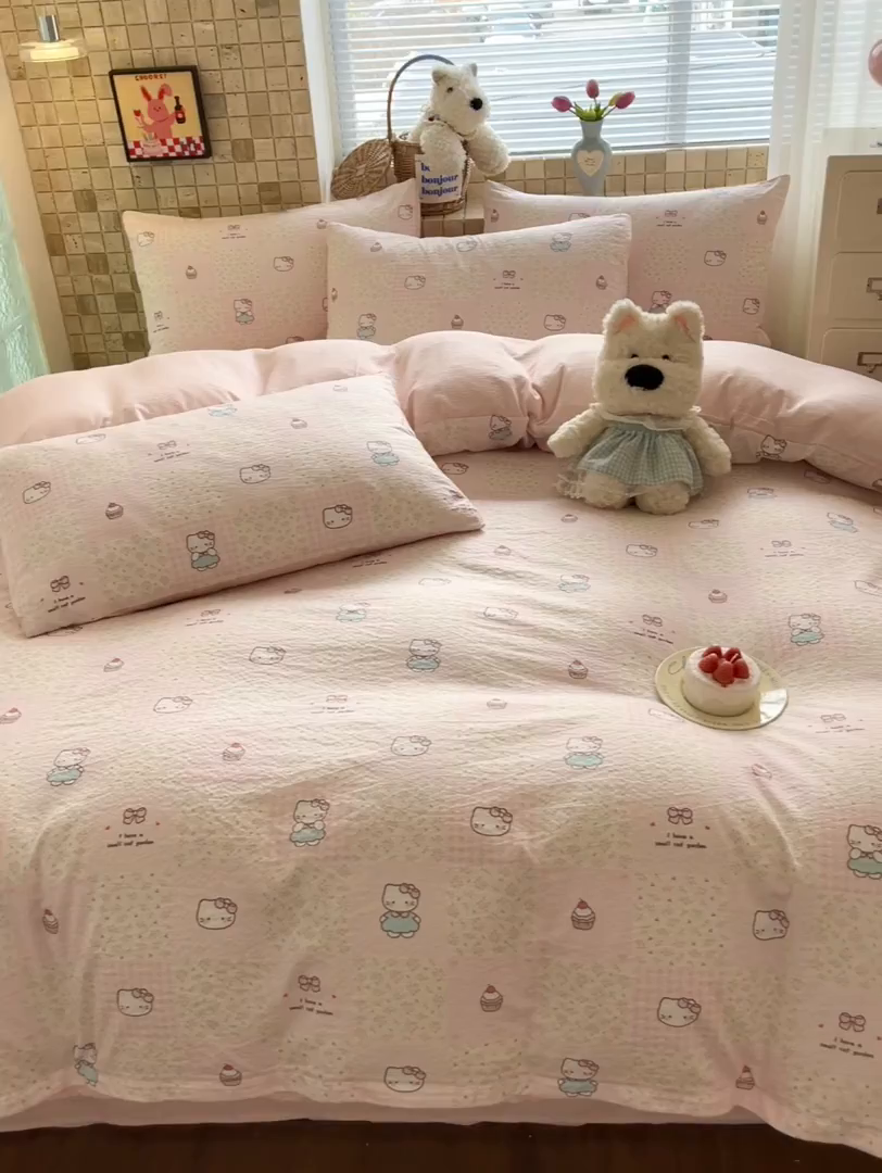 91家纺网 家纺一手货源 找家纺 川悦生活 2026新款云感双层纱木棉四件套 奶油糕糕喵