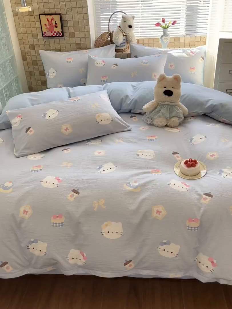 91家纺网 家纺一手货源 找家纺 川悦生活 2026新款云感双层纱木棉四件套 汽水小咪